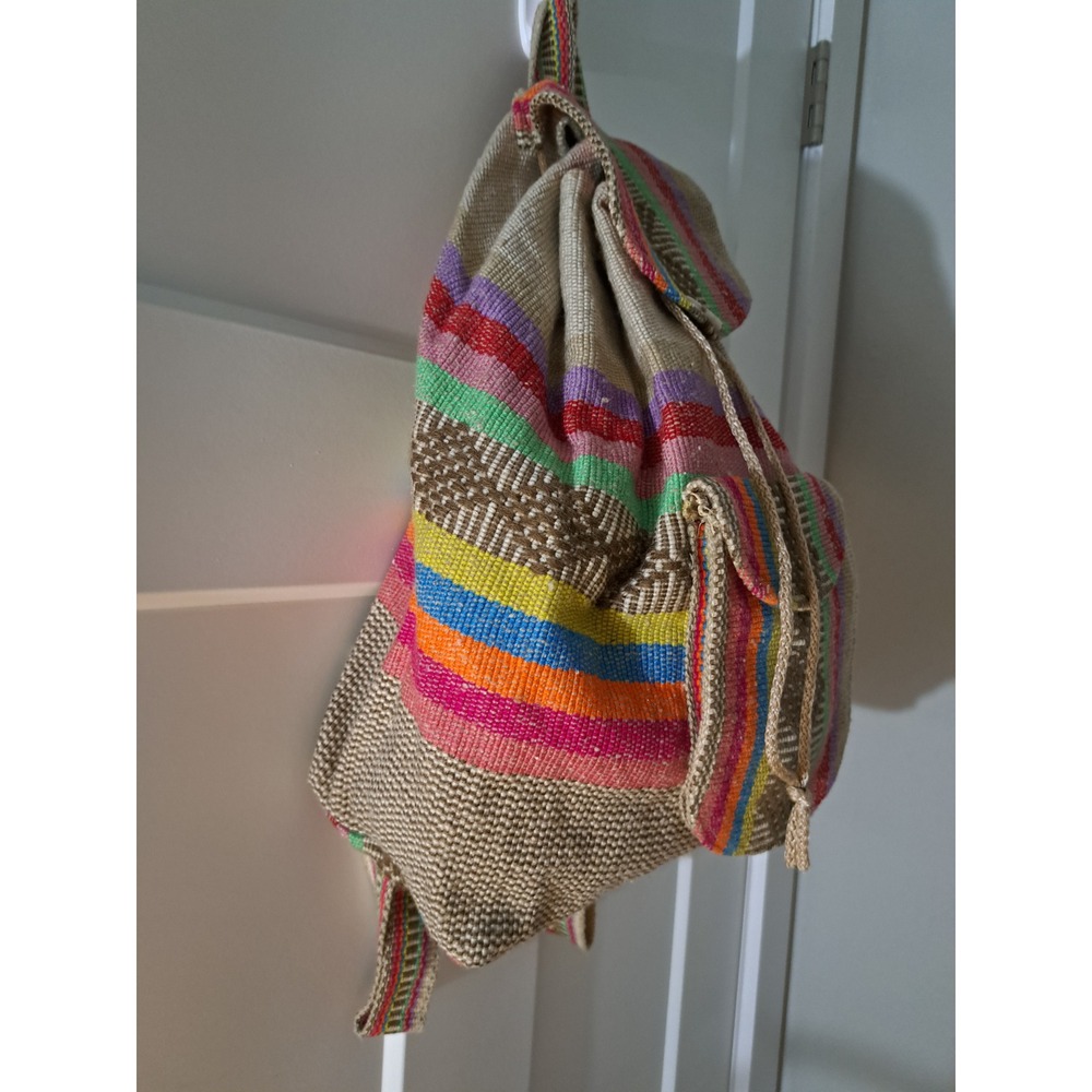 Boho Woven Striped Backpack Multi-Color Drawstring Rucksack Festival Bag - Picture 2 of 4